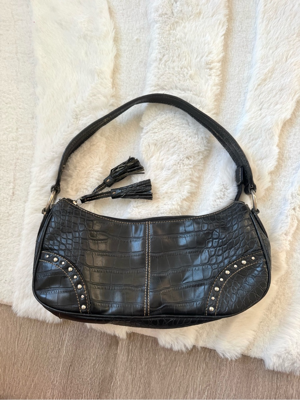 Tommy Hilfiger Black Faux Crocodile Shoulder Bag Purse